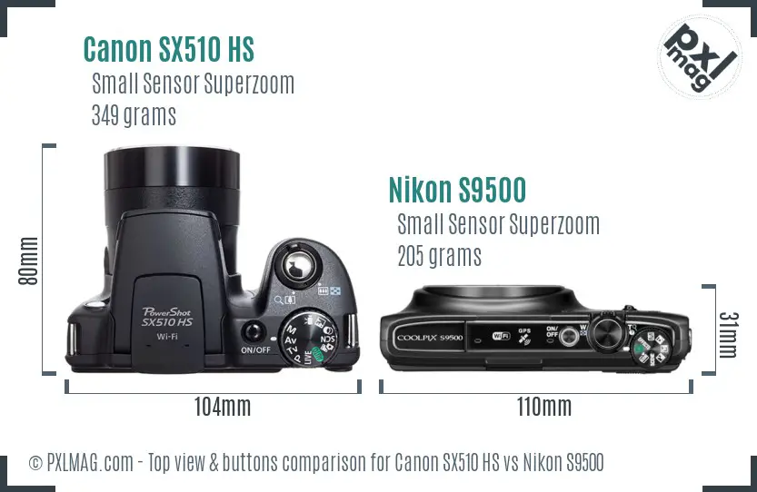 Canon SX510 HS vs Nikon S9500 top view buttons comparison