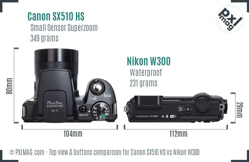 Canon SX510 HS vs Nikon W300 top view buttons comparison
