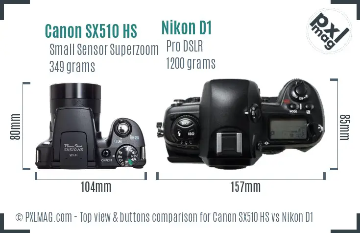 Canon SX510 HS vs Nikon D1 top view buttons comparison