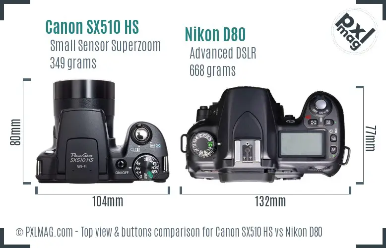 Canon SX510 HS vs Nikon D80 top view buttons comparison