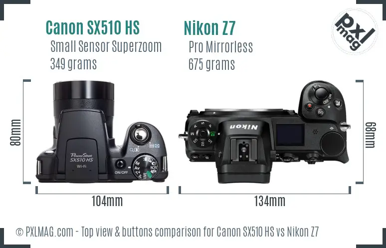 Canon SX510 HS vs Nikon Z7 top view buttons comparison