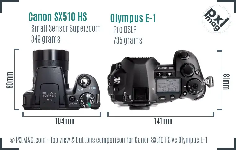 Canon SX510 HS vs Olympus E-1 top view buttons comparison