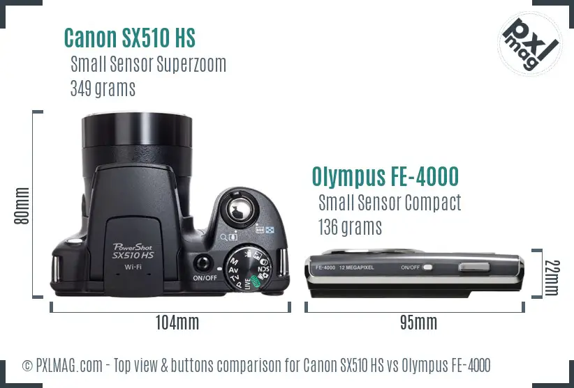 Canon SX510 HS vs Olympus FE-4000 top view buttons comparison