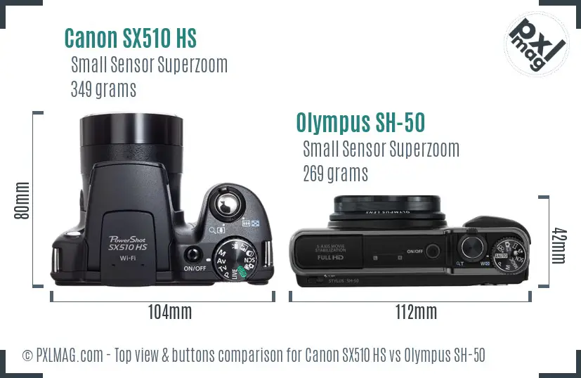 Canon SX510 HS vs Olympus SH-50 top view buttons comparison Canon SX510 HS vs Olympus SH-50 top view buttons comparison