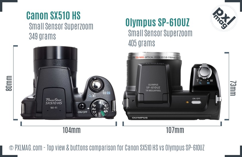 Canon SX510 HS vs Olympus SP-610UZ top view buttons comparison