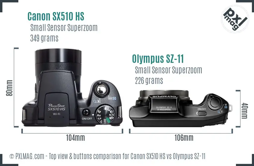 Canon SX510 HS vs Olympus SZ-11 top view buttons comparison Canon SX510 HS vs Olympus SZ-11 top view buttons comparison