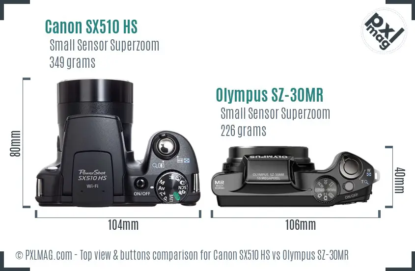 Canon SX510 HS vs Olympus SZ-30MR top view buttons comparison Canon SX510 HS vs Olympus SZ-30MR top view buttons comparison