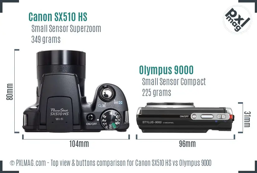 Canon SX510 HS vs Olympus 9000 top view buttons comparison Canon SX510 HS vs Olympus 9000 top view buttons comparison