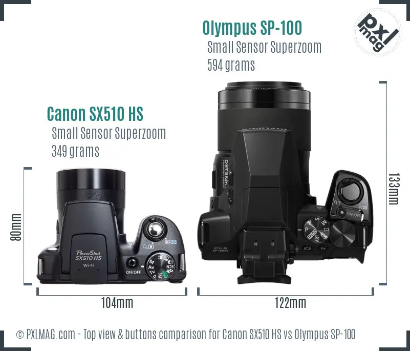 Canon SX510 HS vs Olympus SP-100 top view buttons comparison Canon SX510 HS vs Olympus SP-100 top view buttons comparison
