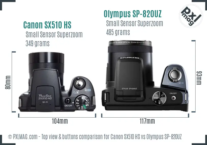 Canon SX510 HS vs Olympus SP-820UZ top view buttons comparison