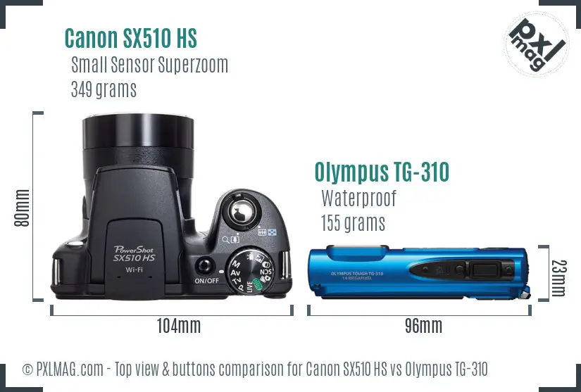 Canon SX510 HS vs Olympus TG-310 top view buttons comparison Canon SX510 HS vs Olympus TG-310 top view buttons comparison