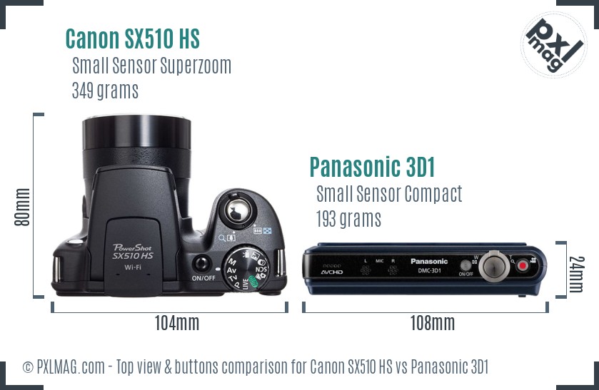 Canon SX510 HS vs Panasonic 3D1 top view buttons comparison