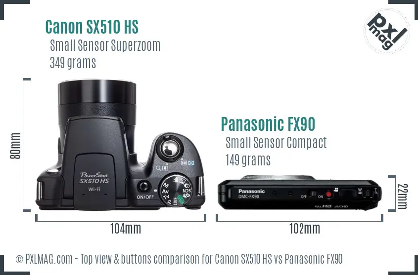 Canon SX510 HS vs Panasonic FX90 top view buttons comparison Canon SX510 HS vs Panasonic FX90 top view buttons comparison