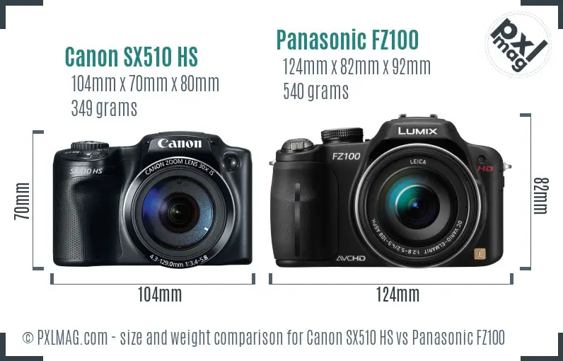 Canon SX510 HS vs Panasonic FZ100 size comparison Canon SX510 HS vs Panasonic FZ100 size comparison