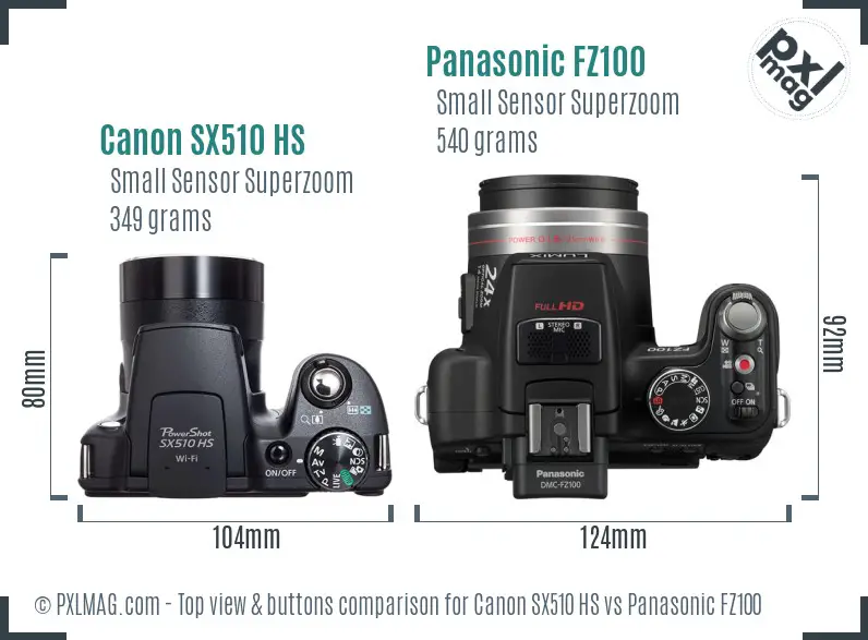 Canon SX510 HS vs Panasonic FZ100 top view buttons comparison Canon SX510 HS vs Panasonic FZ100 top view buttons comparison
