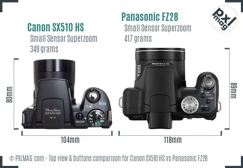 Canon SX510 HS vs Panasonic FZ28 top view buttons comparison Canon SX510 HS vs Panasonic FZ28 top view buttons comparison