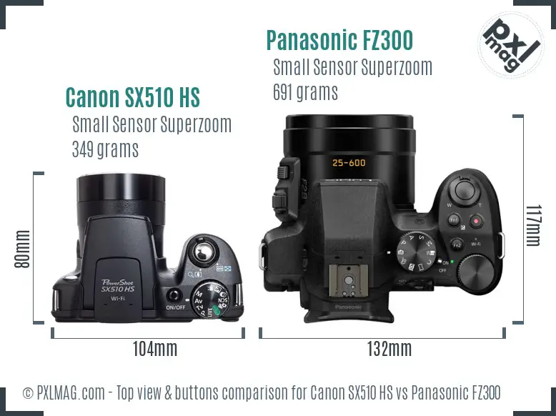 Canon SX510 HS vs Panasonic FZ300 top view buttons comparison
