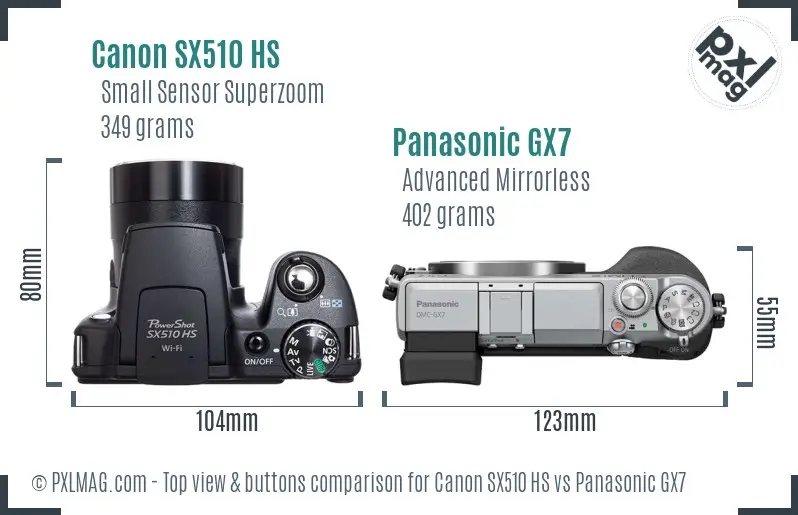 Canon SX510 HS vs Panasonic GX7 top view buttons comparison