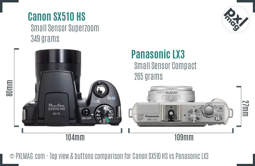 Canon SX510 HS vs Panasonic LX3 top view buttons comparison