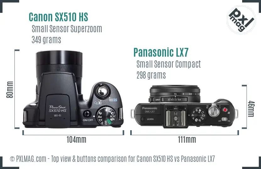 Canon SX510 HS vs Panasonic LX7 top view buttons comparison