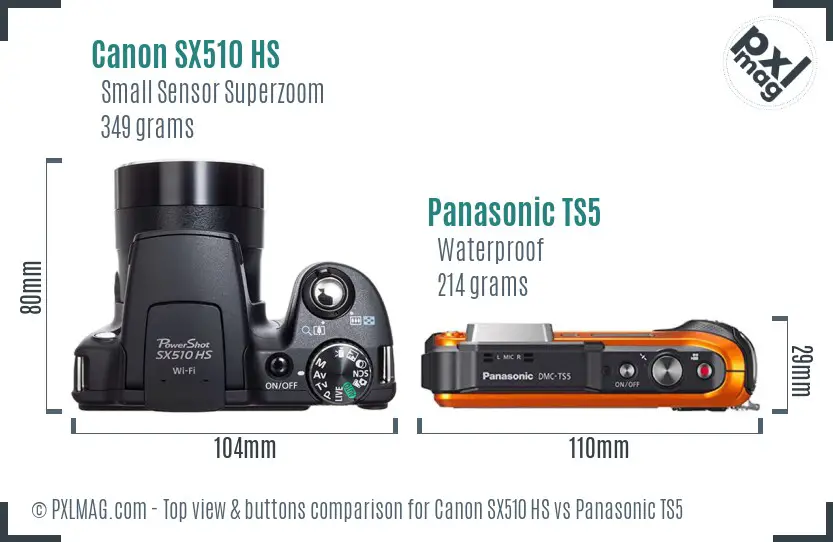 Canon SX510 HS vs Panasonic TS5 top view buttons comparison Canon SX510 HS vs Panasonic TS5 top view buttons comparison