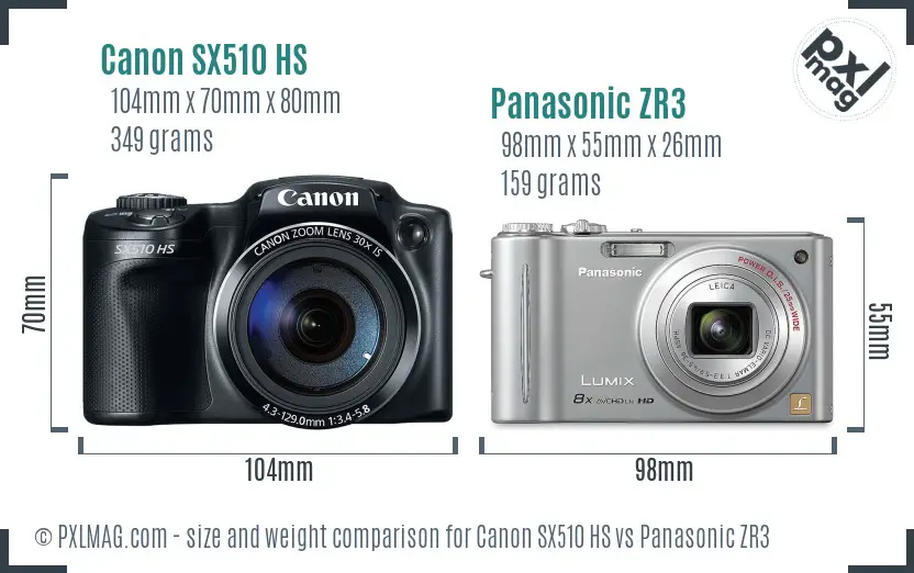 Canon SX510 HS vs Panasonic ZR3 size comparison