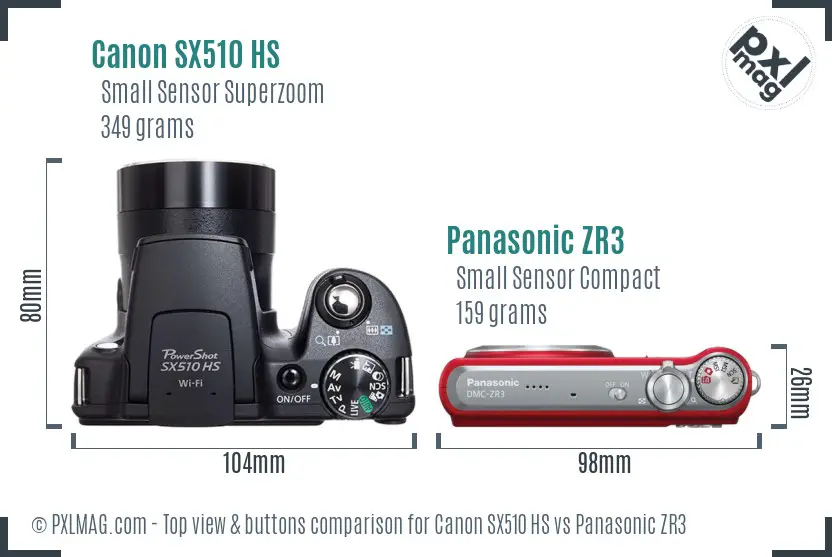 Canon SX510 HS vs Panasonic ZR3 top view buttons comparison