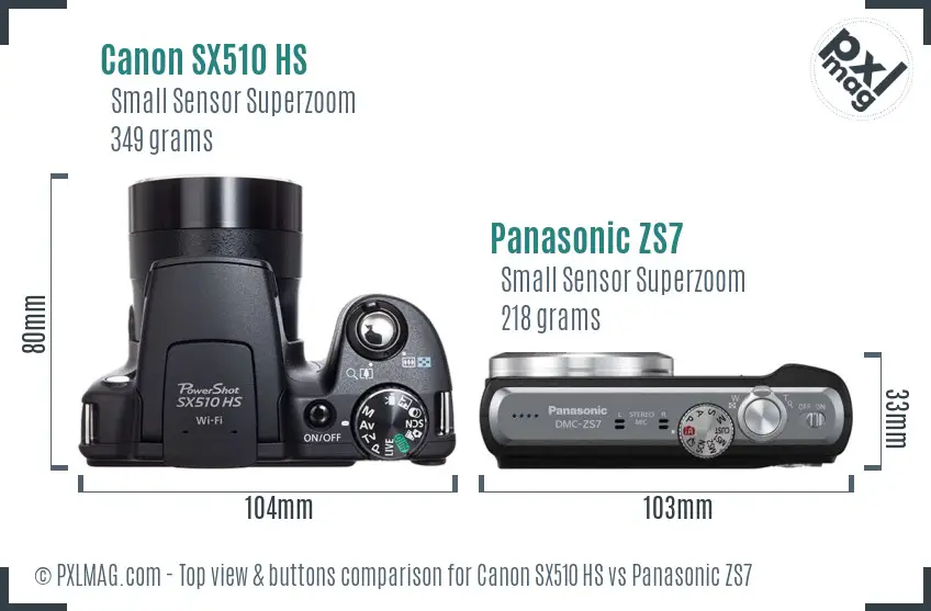 Canon SX510 HS vs Panasonic ZS7 top view buttons comparison