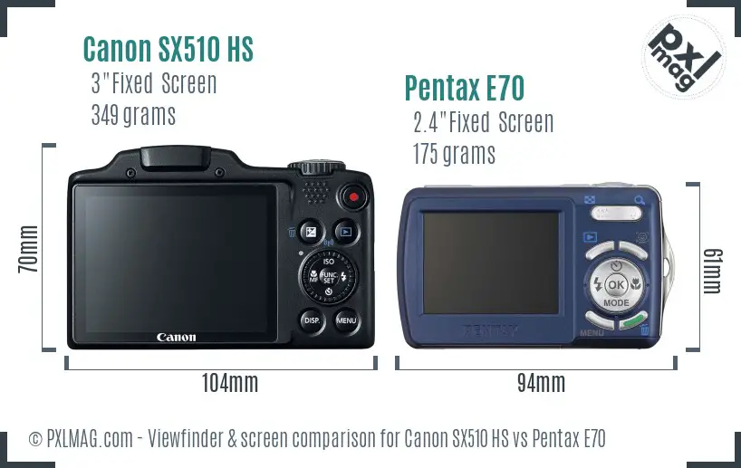Canon SX510 HS vs Pentax E70 Screen and Viewfinder comparison