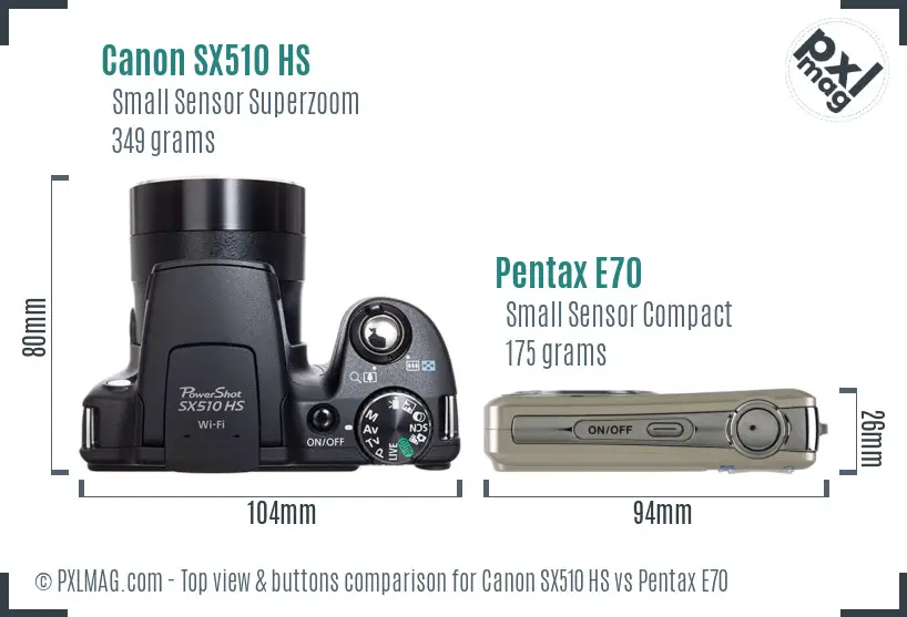 Canon SX510 HS vs Pentax E70 top view buttons comparison