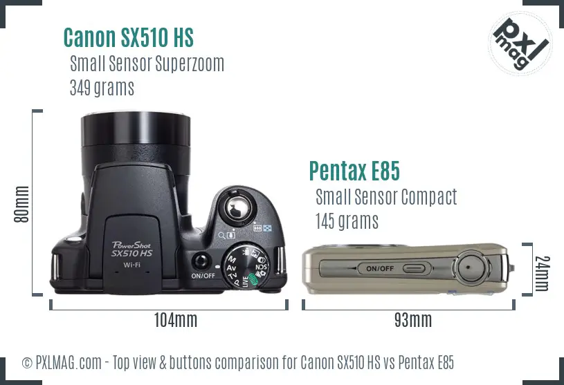 Canon SX510 HS vs Pentax E85 top view buttons comparison Canon SX510 HS vs Pentax E85 top view buttons comparison