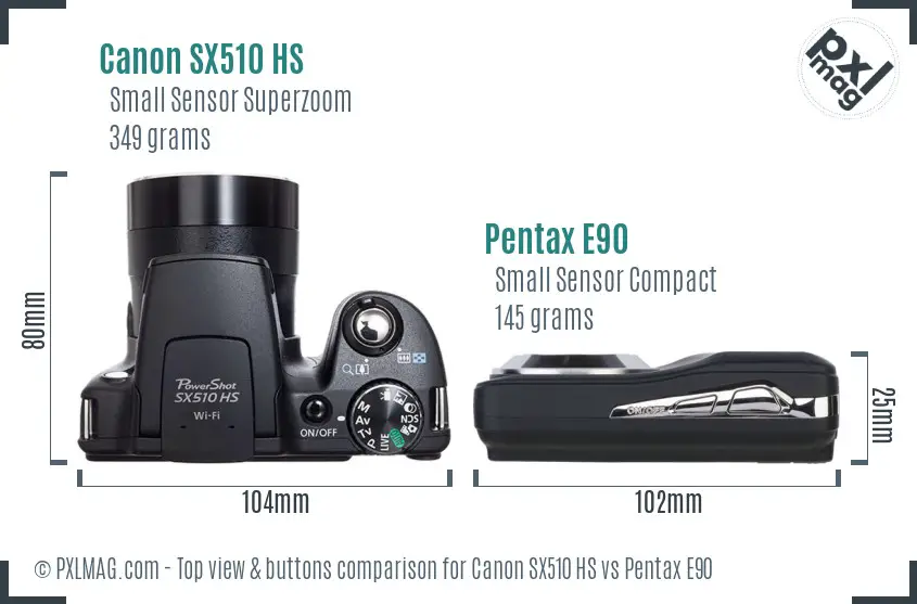 Canon SX510 HS vs Pentax E90 top view buttons comparison Canon SX510 HS vs Pentax E90 top view buttons comparison