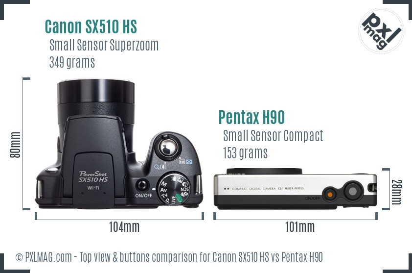 Canon SX510 HS vs Pentax H90 top view buttons comparison