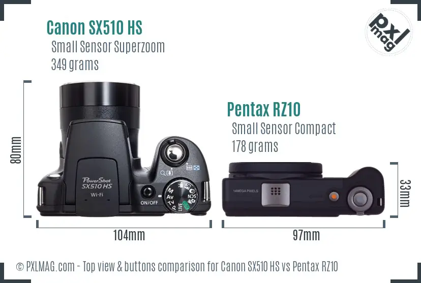 Canon SX510 HS vs Pentax RZ10 top view buttons comparison