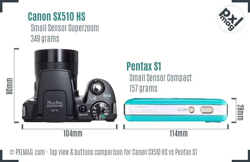 Canon SX510 HS vs Pentax S1 top view buttons comparison Canon SX510 HS vs Pentax S1 top view buttons comparison