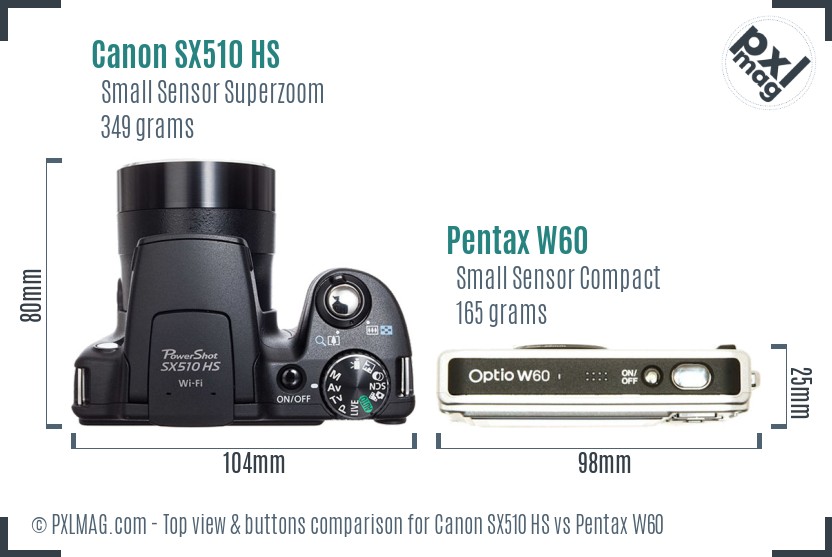 Canon SX510 HS vs Pentax W60 top view buttons comparison