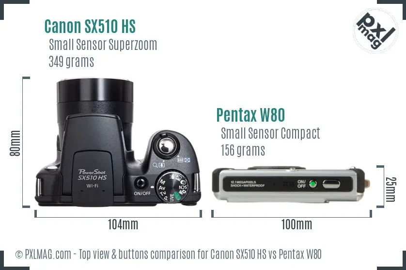 Canon SX510 HS vs Pentax W80 top view buttons comparison