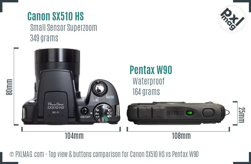 Canon SX510 HS vs Pentax W90 top view buttons comparison