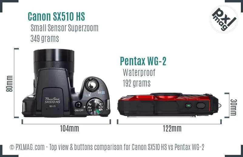 Canon SX510 HS vs Pentax WG-2 top view buttons comparison