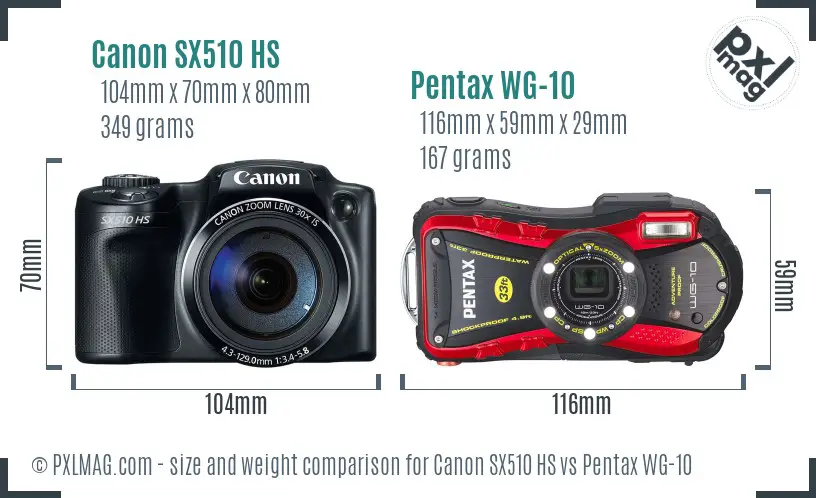 Canon SX510 HS vs Pentax WG-10 size comparison