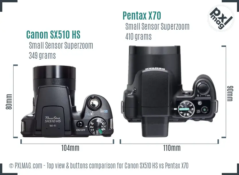 Canon SX510 HS vs Pentax X70 top view buttons comparison