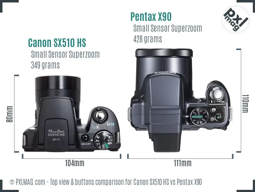 Canon SX510 HS vs Pentax X90 top view buttons comparison