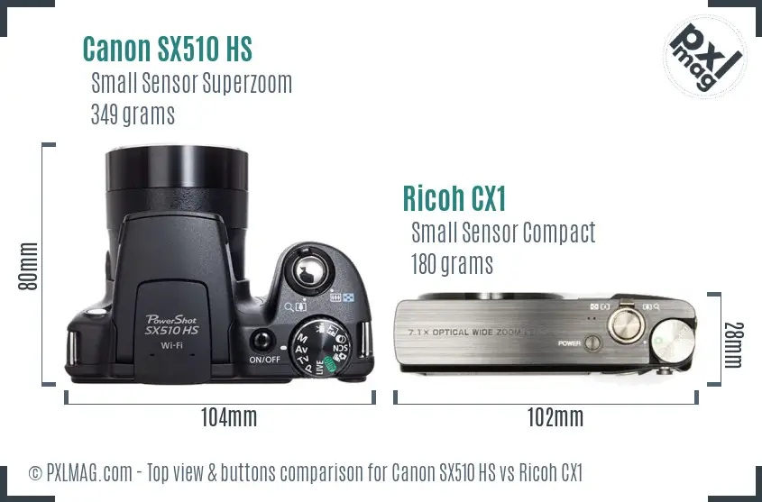 Canon SX510 HS vs Ricoh CX1 top view buttons comparison