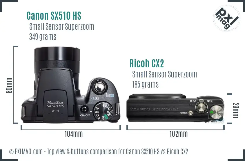 Canon SX510 HS vs Ricoh CX2 top view buttons comparison