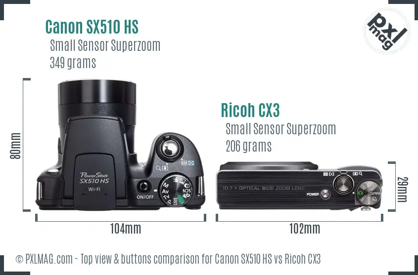 Canon SX510 HS vs Ricoh CX3 top view buttons comparison