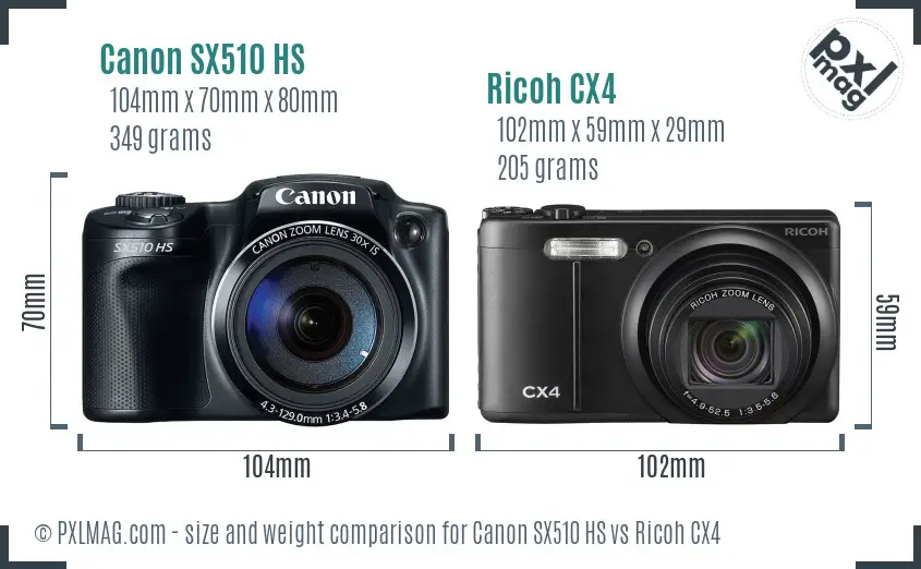 Canon SX510 HS vs Ricoh CX4 size comparison