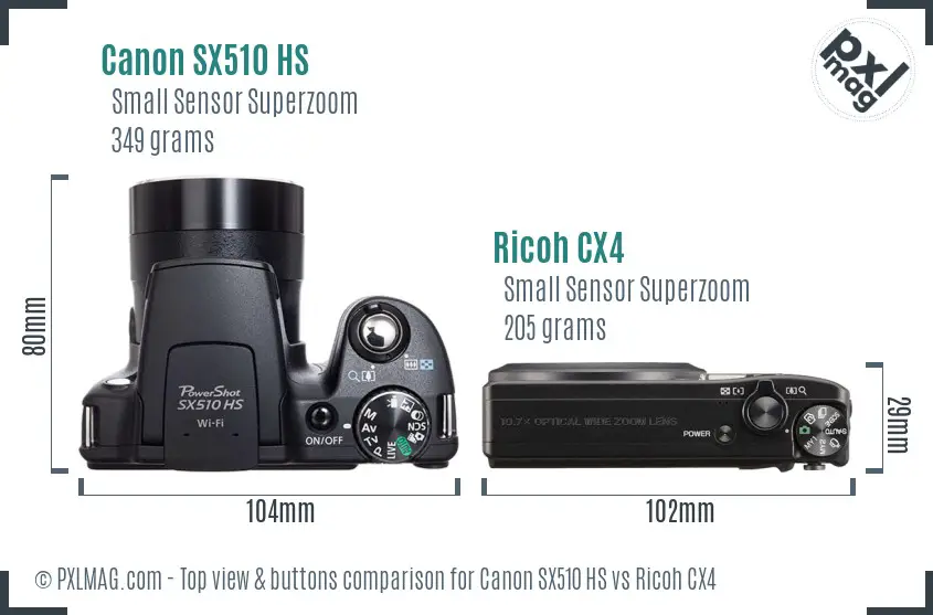 Canon SX510 HS vs Ricoh CX4 top view buttons comparison