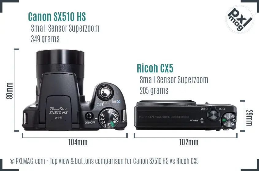 Canon SX510 HS vs Ricoh CX5 top view buttons comparison