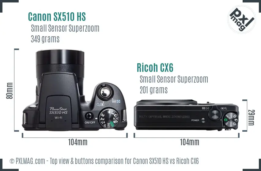 Canon SX510 HS vs Ricoh CX6 top view buttons comparison