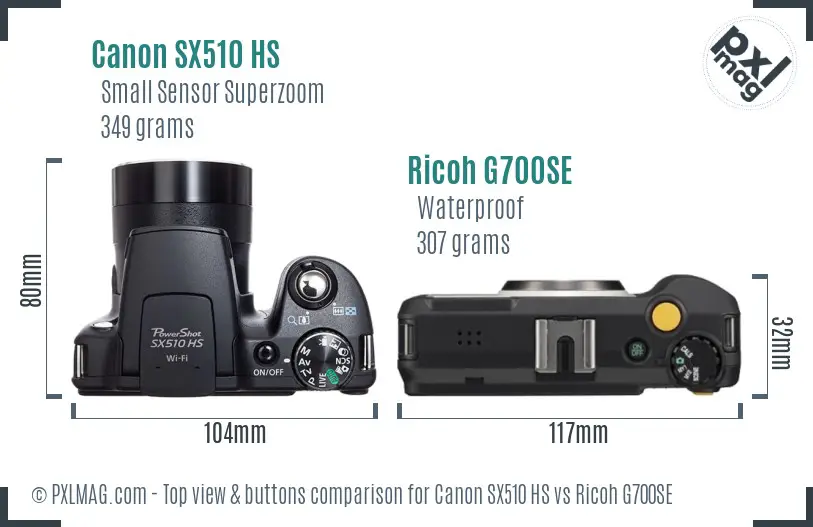 Canon SX510 HS vs Ricoh G700SE top view buttons comparison Canon SX510 HS vs Ricoh G700SE top view buttons comparison